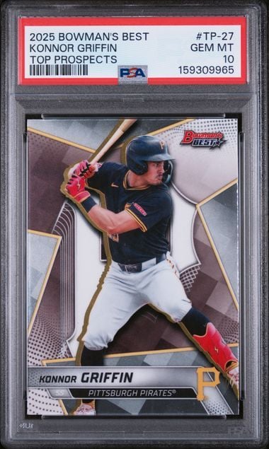 Front of graded baseball card showing Konnor Griffin in batting stance wearing black Pittsburgh Pirates jersey and white pants with red accents.