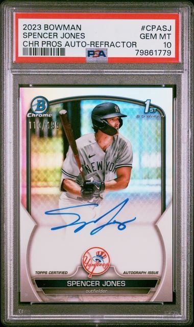 Graded baseball card showing Spencer Jones in Yankees uniform with blue autograph on chrome refractor surface, PSA 10 gem mint rating visible.