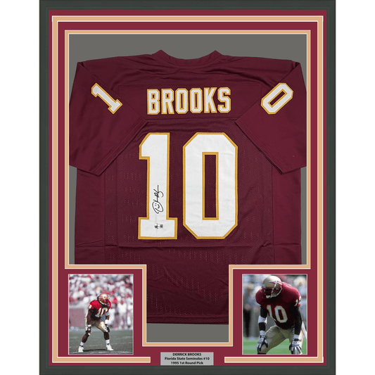 Framed maroon Florida State football jersey #10 signed by Derrick Brooks, displayed with two action photos and nameplate below.