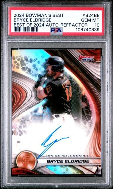 Graded baseball card front showing Bryce Eldridge in batting stance with blue autograph, red and white refractor design, and PSA 10 label visible.