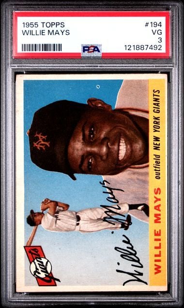 1955 Topps Willie Mays card #194 showing portrait and full-body baseball player photo with red PSA grading label.