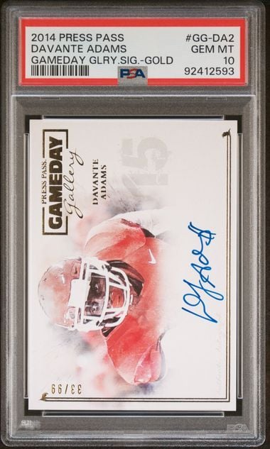 Front of graded trading card showing Davante Adams in red helmet with blue autograph signature and gold serial number 86/99.
