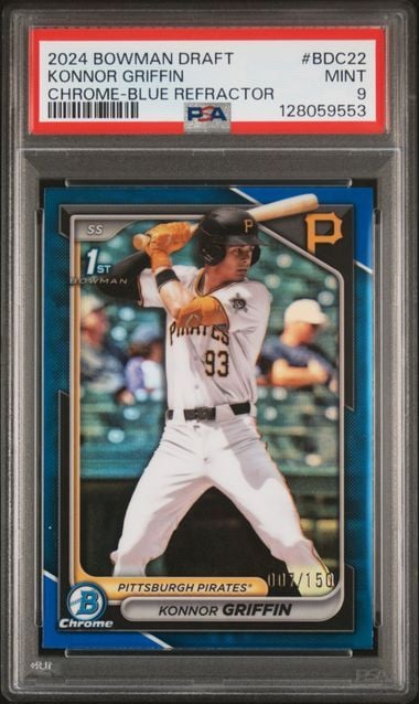 PSA-graded baseball card in clear plastic case showing Konnor Griffin in Pirates uniform at bat, blue refractor finish with red grading label on top.