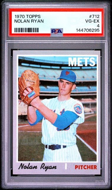 Front of graded 1970 Topps Nolan Ryan baseball card showing pitcher in Mets uniform holding glove, PSA 4 rating label visible on case.