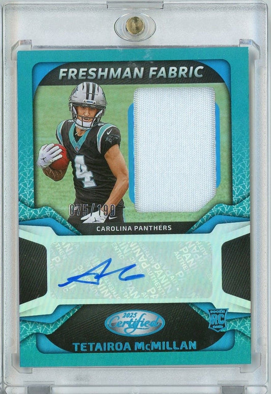 Front of football card showing Carolina Panthers player #4 in black jersey with turquoise borders, fabric swatch window, blue autograph, and numbered 075/199.