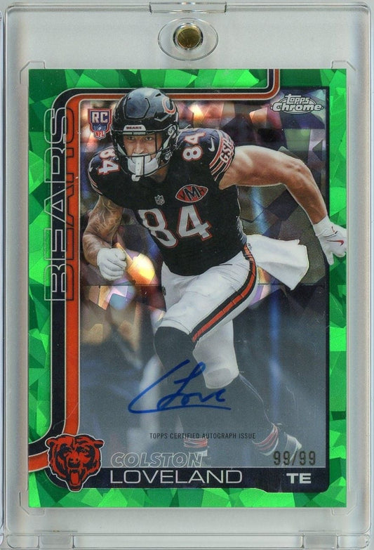 Graded trading card featuring Chicago Bears tight end Colston Loveland in black uniform, numbered 99/99, with blue autograph and green geometric border design.