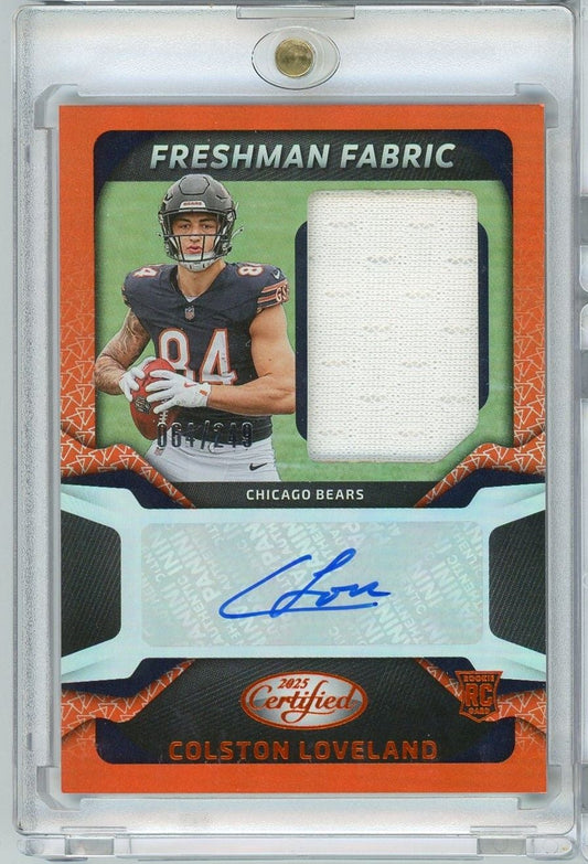 2025 Panini Certified Colston Loveland rookie card showing player photo, white fabric swatch, blue autograph, and orange border design numbered 96/249.