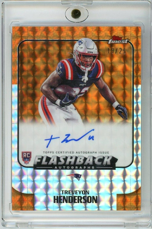 Signed rookie football card of Treveyon Henderson in New England Patriots uniform, orange geometric patterned background, numbered 19/25.