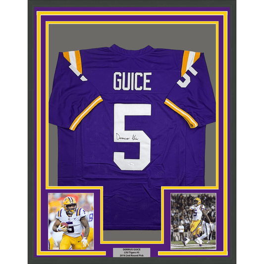 Purple LSU football jersey number 5 with "GUICE" nameplate, signed, displayed in frame with yellow and purple borders and two action photos below.