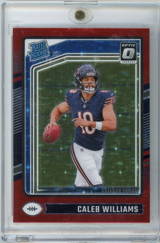2024 Panini Donruss Optic Caleb Williams rookie card in clear plastic case showing player in Chicago Bears uniform number 18 holding football.