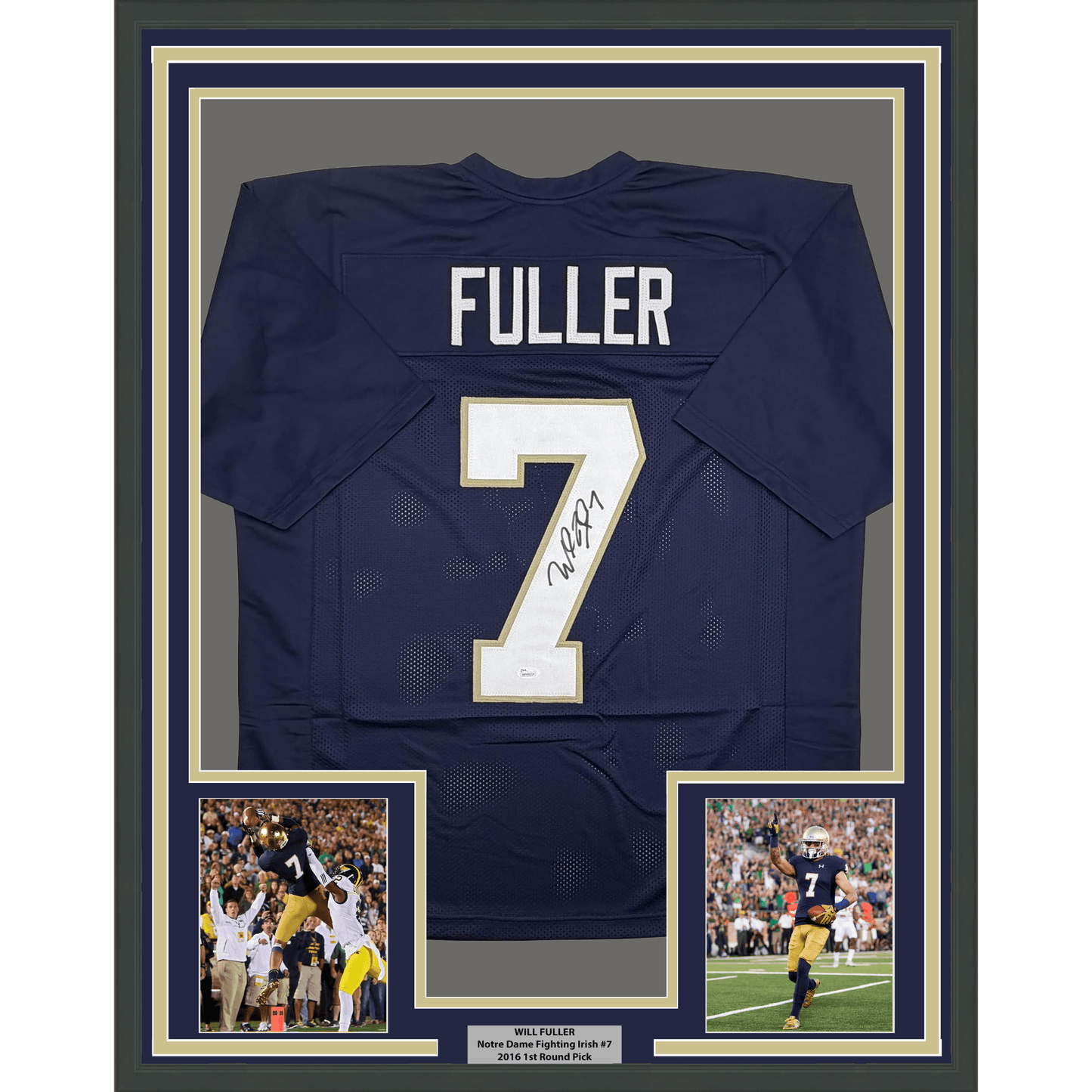 Framed Autographed/Signed Will Fuller 35x39 Notre Dame Blue College Football Jersey JSA COA