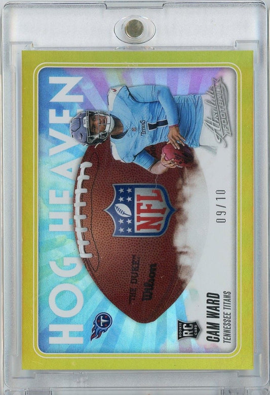 Front of graded football card showing Cam Ward in light blue uniform with NFL logo on brown football against yellow border, numbered 09/10.