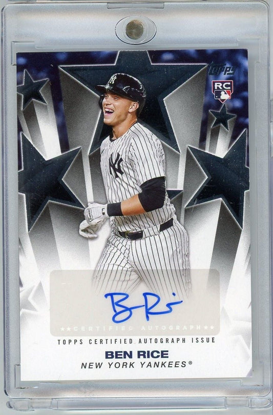 Front of 2023 Topps Baseball Ben Rice rookie card showing player in Yankees pinstripes with blue autograph on white nameplate.