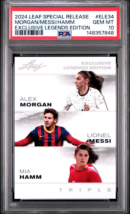 PSA-graded trading card in clear protective case showing three soccer players' photos with names and "Exclusive Legends Edition Triple" text on white background.