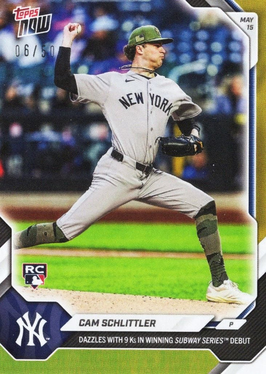 Cam Schlittler baseball card showing pitcher mid-delivery in New York Yankees gray uniform with green cap.