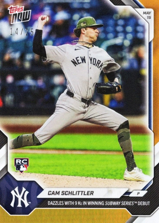Cam Schlittler baseball card showing pitcher mid-delivery in New York Yankees gray uniform with green cap against blurred stadium background.