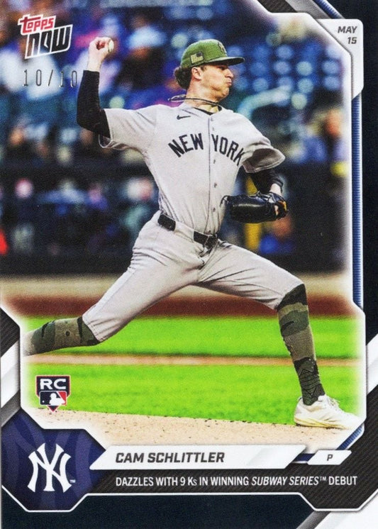 Cam Schlittler baseball card showing pitcher mid-throw in New York Yankees gray uniform against blurred stadium background.