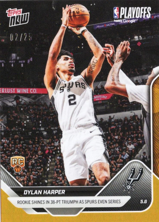 Dylan Harper in white Spurs jersey number 2 shooting basketball during playoff game, orange foil basketball card with printed text and RC logo.