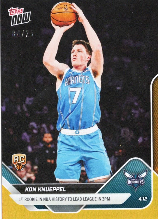 Charlotte Hornets rookie Kon Knueppel in light blue jersey number 7 shooting basketball against dark crowd background on Topps Now card.