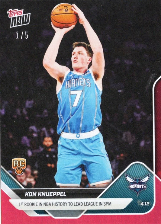 Kon Knueppel in light blue Charlotte Hornets jersey number 7 shooting basketball, Topps Now card with rookie designation and 1/6 print run noted.