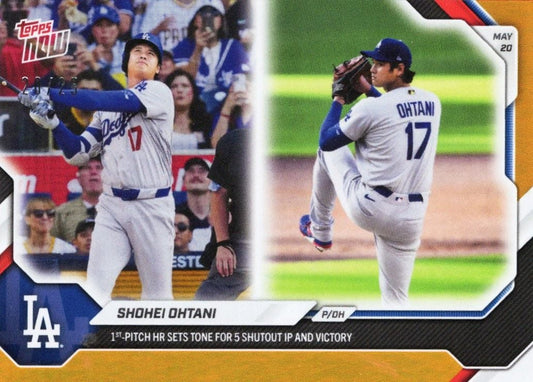 Baseball card front featuring Shohei Ohtani in Dodgers uniform, split image showing batting and pitching poses with orange foil border.