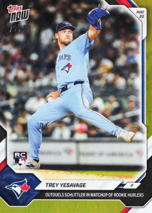 Trey Yesavage in mid-pitch motion wearing light blue Toronto Blue Jays uniform on baseball card with gold foil border.