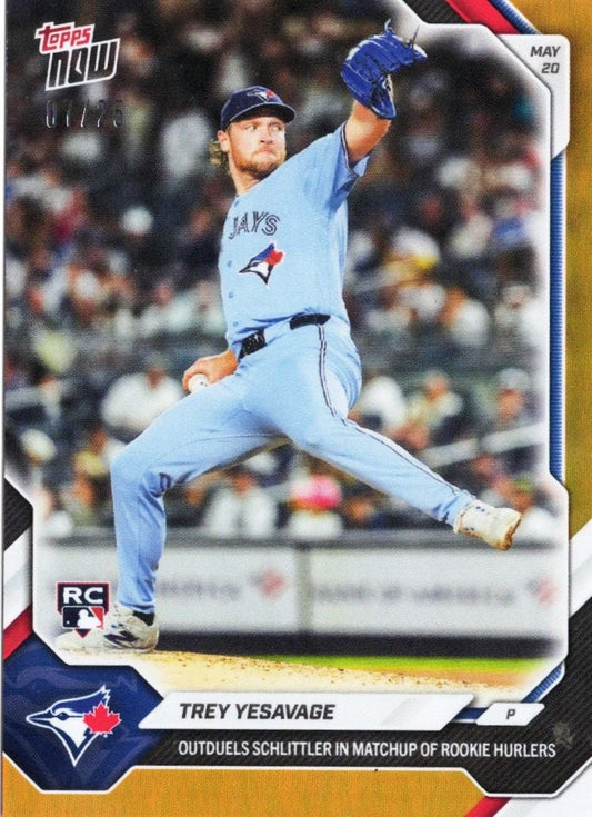 Trey Yesavage mid-pitch in light blue Toronto Blue Jays uniform against blurred stadium crowd background on orange-bordered baseball card.