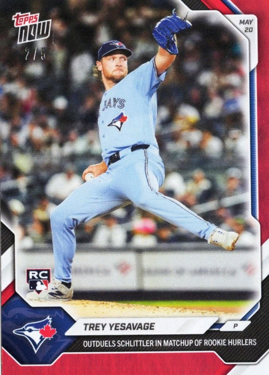 Trey Yesavage in light blue Toronto Blue Jays uniform mid-pitch, arm raised, wearing blue batting gloves against blurred stadium crowd background on red-bordered baseball card.