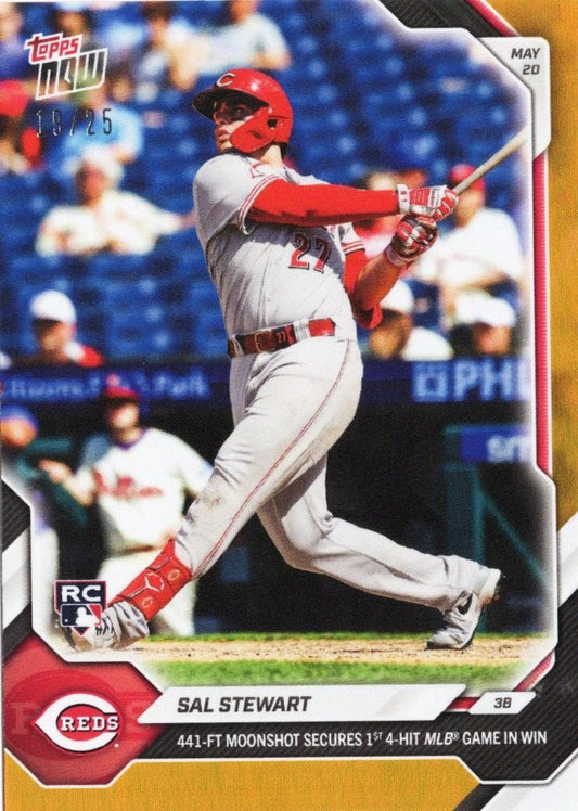 Baseball card showing Sal Stewart mid-swing in Cincinnati Reds uniform with red helmet and gray jersey, card details and RC logo visible below.