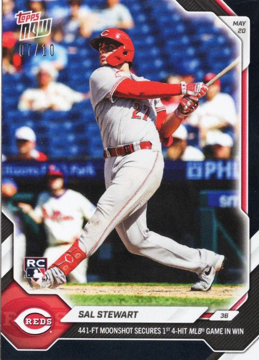 Sal Stewart baseball card showing player mid-swing in red Reds uniform against blurred stadium background, numbered 01/10.