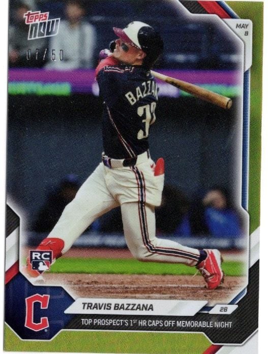 Travis Bazzana baseball card showing batter mid-swing in Cleveland Guardians uniform with RC logo and gold foil numbering.