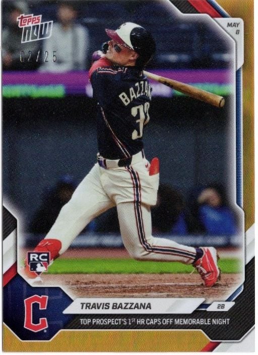 Travis Bazzana baseball card showing player mid-swing in Cleveland Guardians uniform with orange foil border and RC designation.