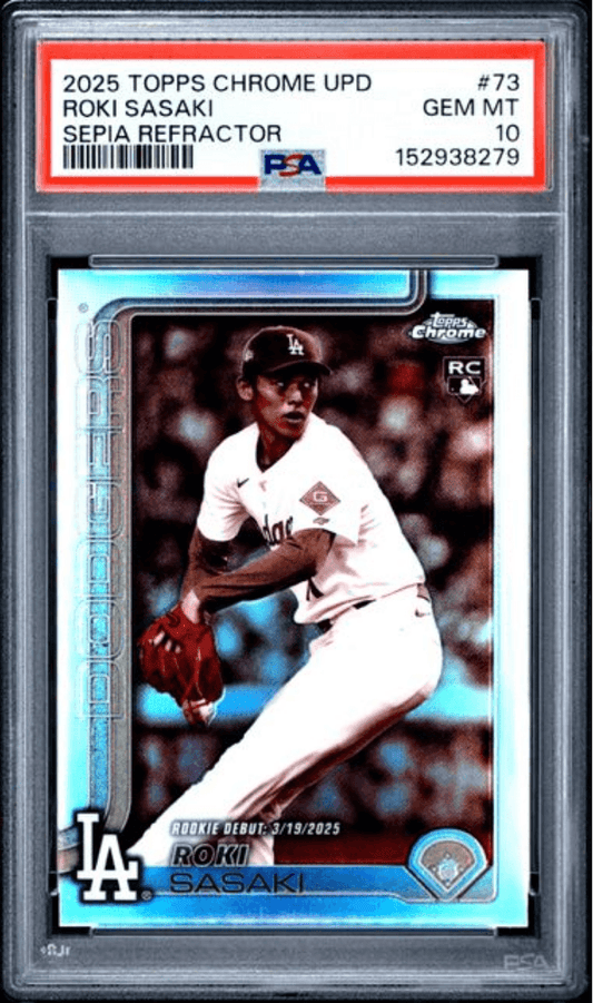 PSA-graded baseball card in protective case showing Roki Sasaki in Los Angeles Dodgers uniform with sepia-toned refractor finish and red label.