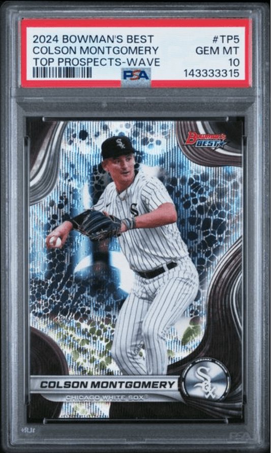 PSA-graded baseball card in clear plastic case displaying Colson Montgomery in White Sox uniform mid-pitch, with blue holographic background and red grading label.