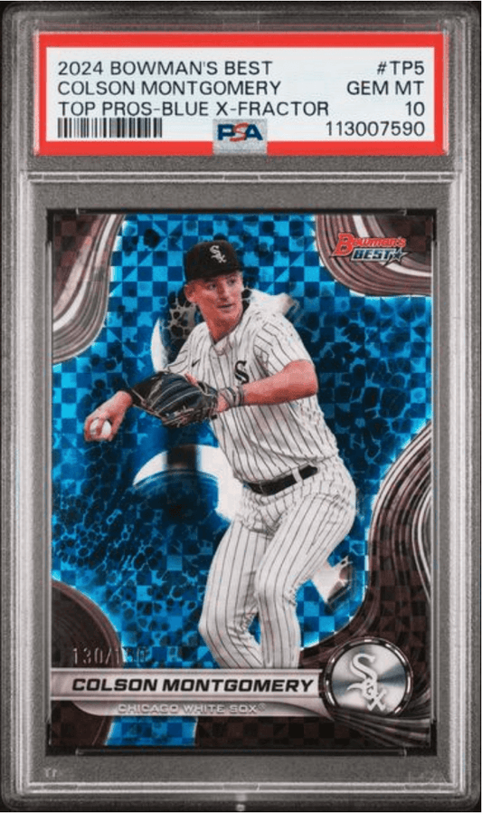 PSA-graded baseball card in plastic case showing Colson Montgomery in White Sox uniform on blue X-factor patterned background with red label and grading details visible.