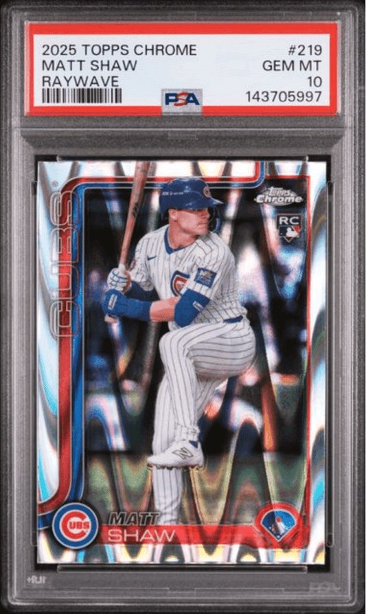 PSA-graded baseball card in clear case displaying Matt Shaw in Chicago Cubs pinstriped uniform, bat ready, with red and blue Chrome design border and RC logo.