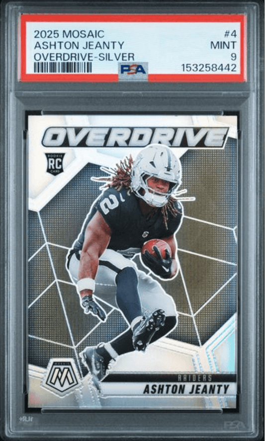 PSA-graded trading card in clear case showing football player Ashton Jeanty in Raiders uniform holding ball against geometric background.
