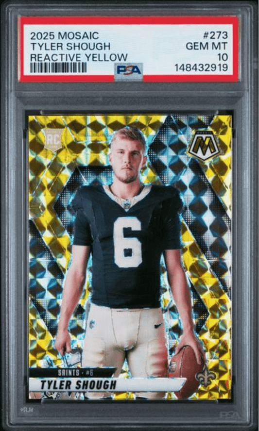 PSA-graded card in clear plastic slab showing Tyler Shough in black Saints jersey number 6 against yellow and blue diamond-patterned background.
