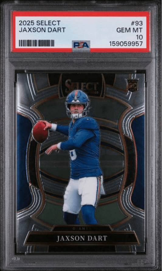 PSA-graded trading card in plastic case displaying Jaxson Dart in blue Lions uniform holding football, with red grading label visible on top edge.