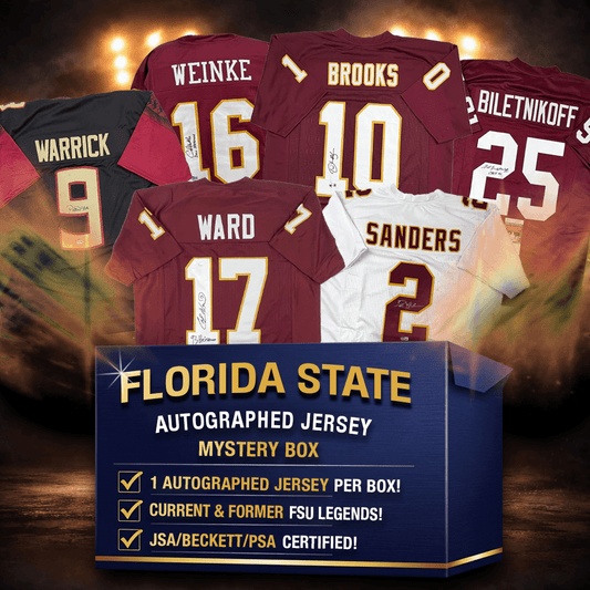Five autographed Florida State football jerseys in maroon and white displayed against dramatic lighting above blue mystery box packaging.