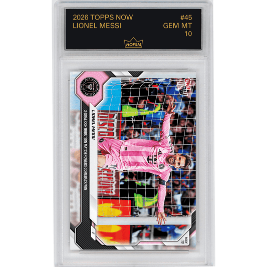 Graded trading card in clear plastic case showing Lionel Messi in pink Inter Miami jersey performing acrobatic move, with black label and gold text at top.