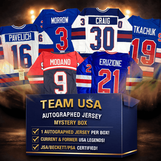 Display of six autographed Team USA hockey jerseys in blue, white, and red featuring players Pavelich, Morrow, Craig, Tkachuk, Modano, and Eruzione with mystery box promotional text below.