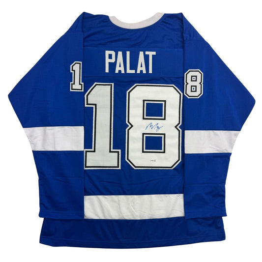 Back view of blue and white striped hockey jersey numbered 18 with "PALAT" nameplate and autographed signature.