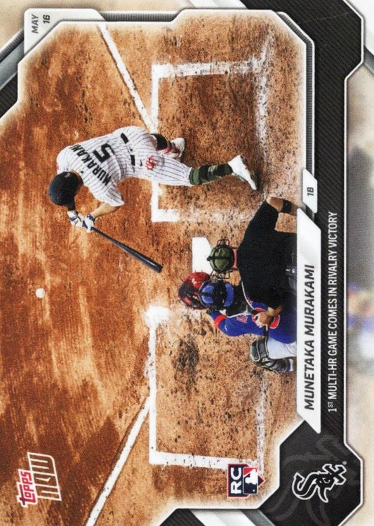 Overhead view of baseball card showing batter at home plate in white uniform with catcher and umpire on infield dirt.