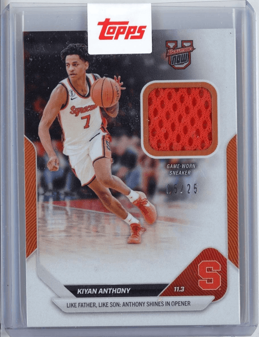 Front of basketball card showing Kiyan Anthony in white Syracuse uniform dribbling, with embedded red game-worn sneaker swatch.