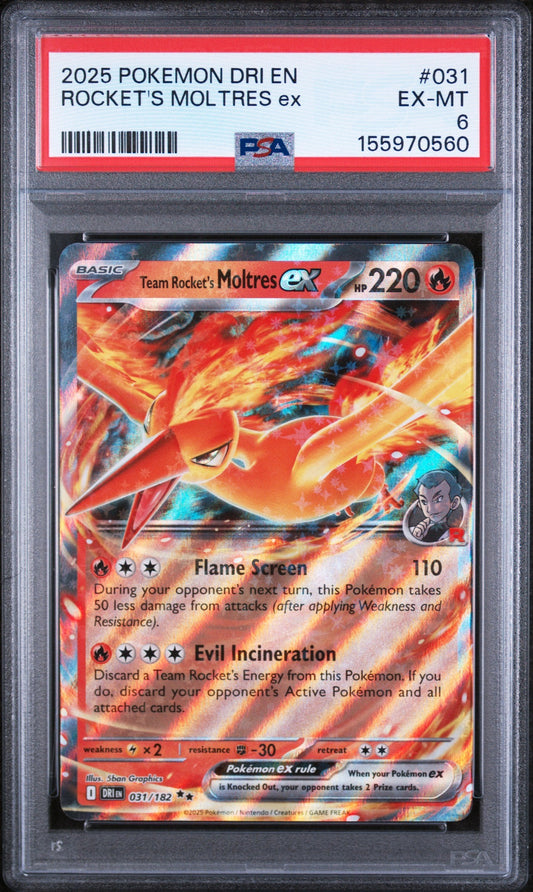 PSA-graded 2025 Pokemon Rocket's Moltres ex card in clear case showing red label with grade 6 EX-MT rating.
