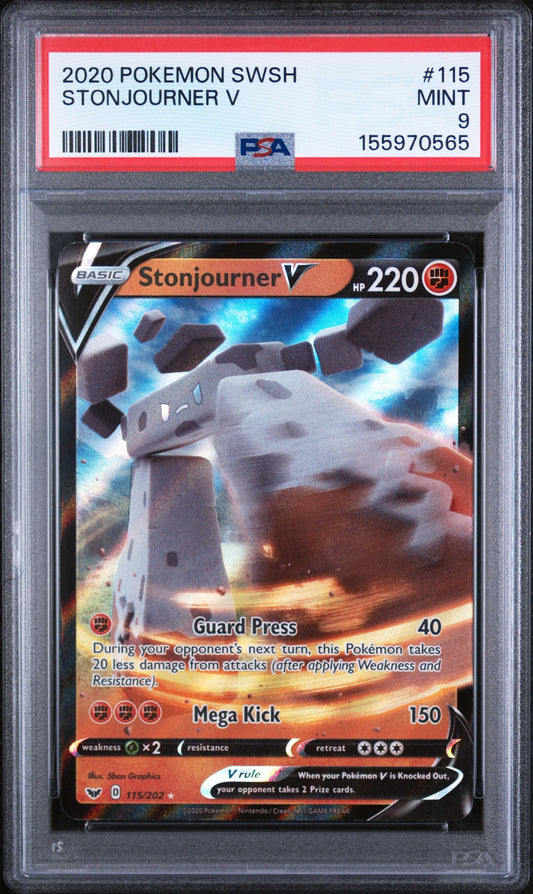 PSA 9 Mint graded 2020 Pokemon Sword & Shield Stonjourner V card #115 in protective slab, front view showing full card artwork and text.