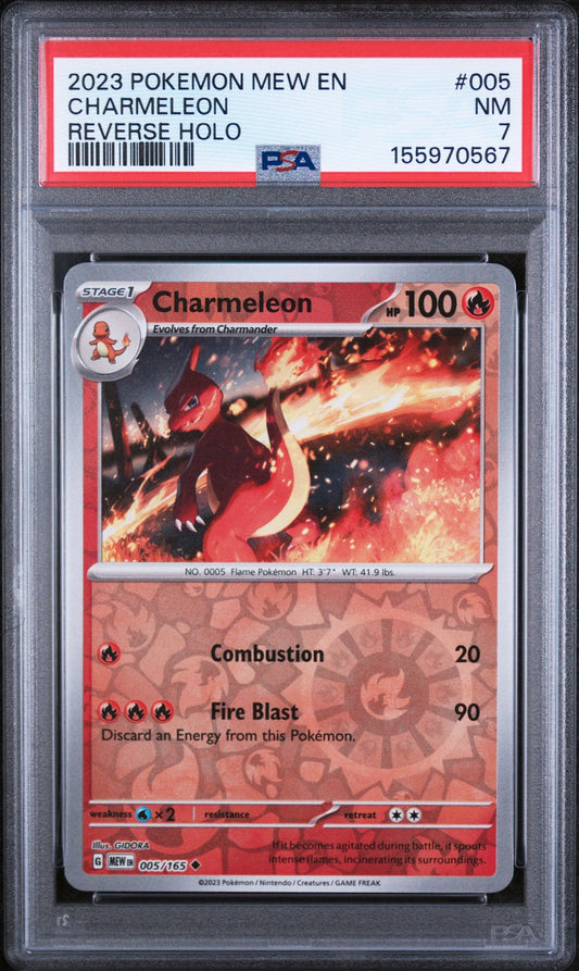 PSA 7 graded 2023 Pokémon Charmeleon reverse holo card in clear plastic slab with red label.