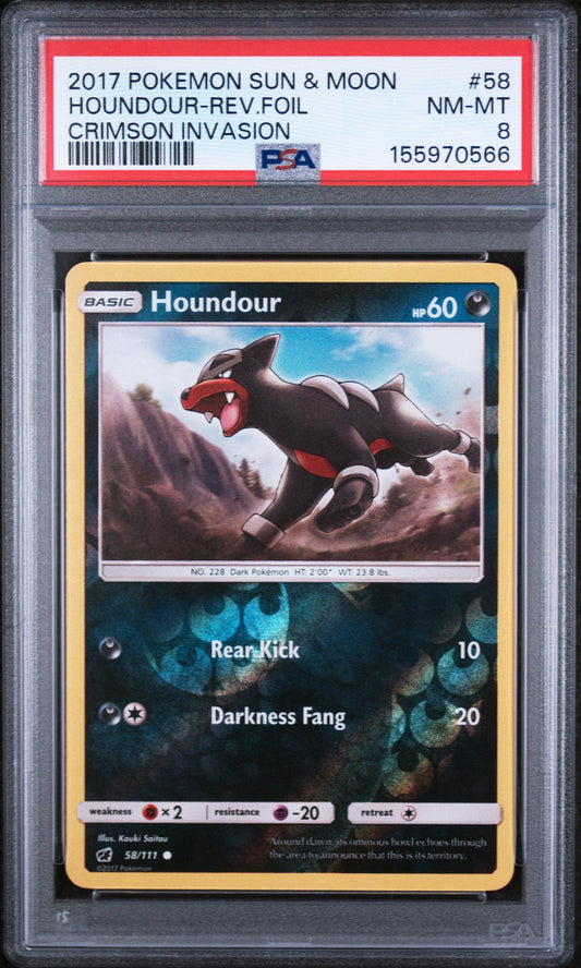 PSA-graded Houndour reverse foil Pokémon card in clear case showing black dog with red markings against mountainous background.