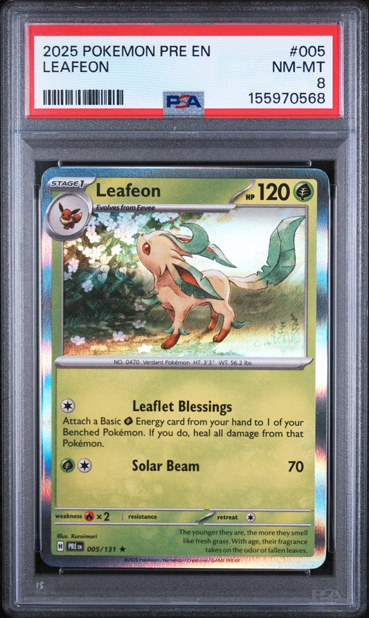 PSA-graded 2025 Pokemon Leafeon card in clear case showing full front view with yellow-green background, red grading label at top, and holographic illustration of the grass-type Pokemon.